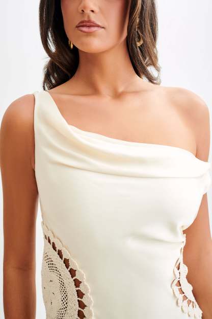 Kristina Satin Maxi Dress With Crochet - Ivory-My Chic Way.All Rights Reserved