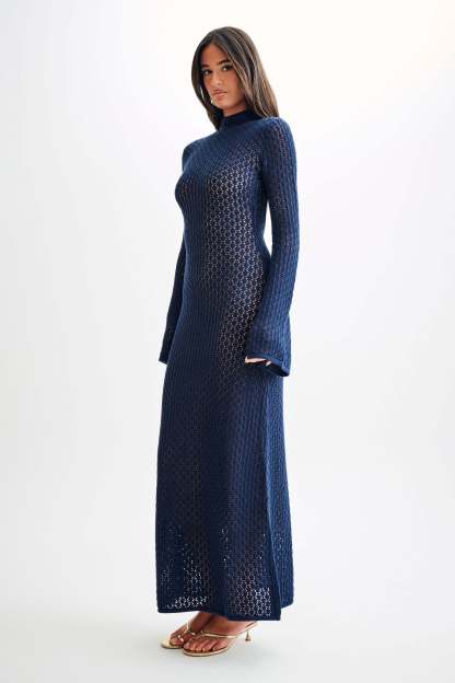 Julia Crochet Open Back Maxi Dress - Navy-My Chic Way.All Rights Reserved
