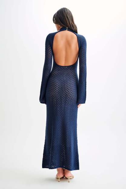 Julia Crochet Open Back Maxi Dress - Navy-My Chic Way.All Rights Reserved
