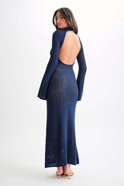 Julia Crochet Open Back Maxi Dress - Navy-My Chic Way.All Rights Reserved