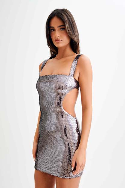 Adoria Sequin Cut Out Mini Dress - Charcoal-My Chic Way.All Rights Reserved