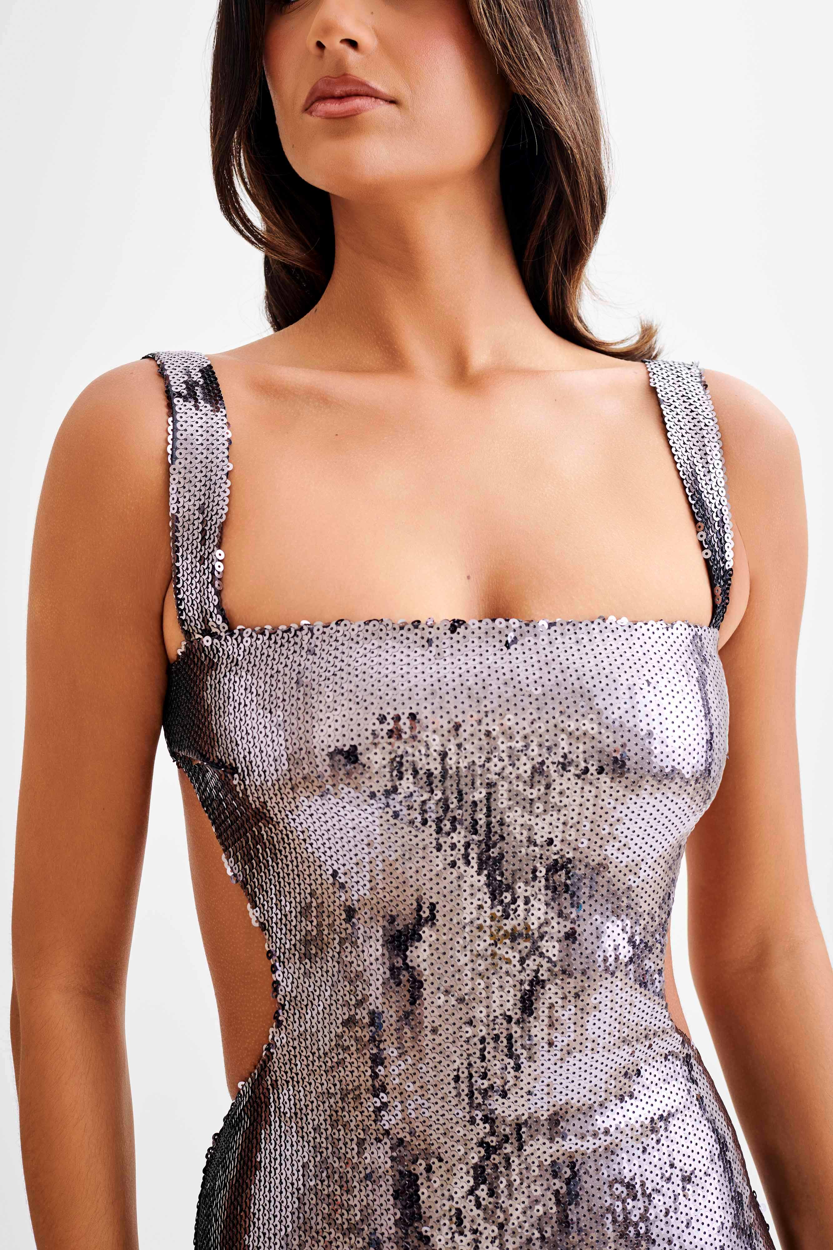 Adoria Sequin Cut Out Mini Dress - Charcoal-My Chic Way.All Rights Reserved