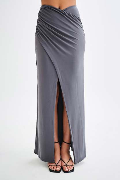 Bronwyn Slinky Ruched Maxi Skirt With Split - Charcoal-My Chic Way.All Rights Reserved