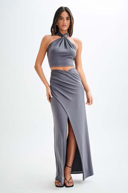 Bronwyn Slinky Ruched Maxi Skirt With Split - Charcoal-My Chic Way.All Rights Reserved