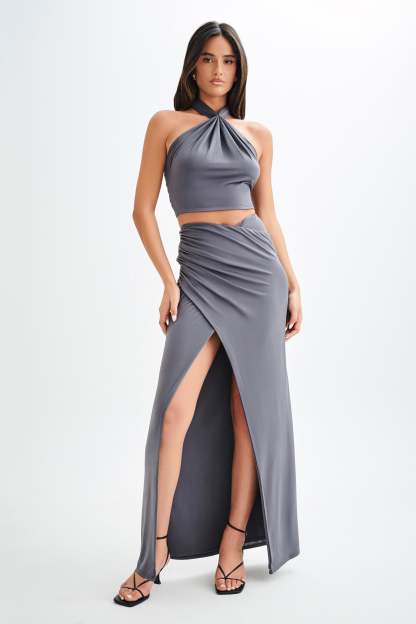 Bronwyn Slinky Ruched Maxi Skirt With Split - Charcoal-My Chic Way.All Rights Reserved
