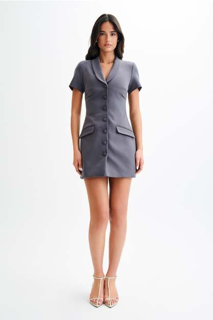 Paolina Collared Suiting Mini Dress - Charcoal-My Chic Way.All Rights Reserved