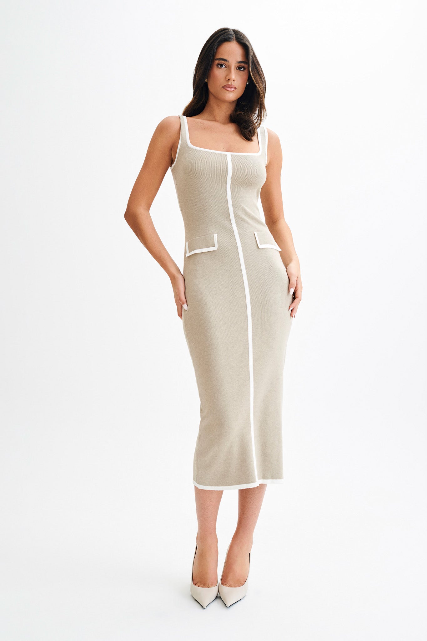 Eimear Contrast Knit Midi Dress - Taupe & Ivory-My Chic Way.All Rights Reserved