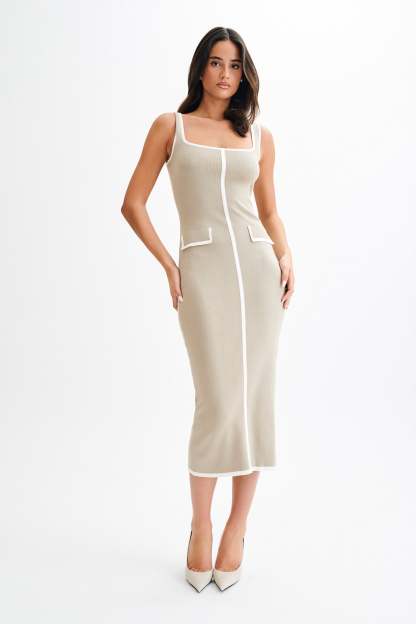 Eimear Contrast Knit Midi Dress - Taupe & Ivory-My Chic Way.All Rights Reserved