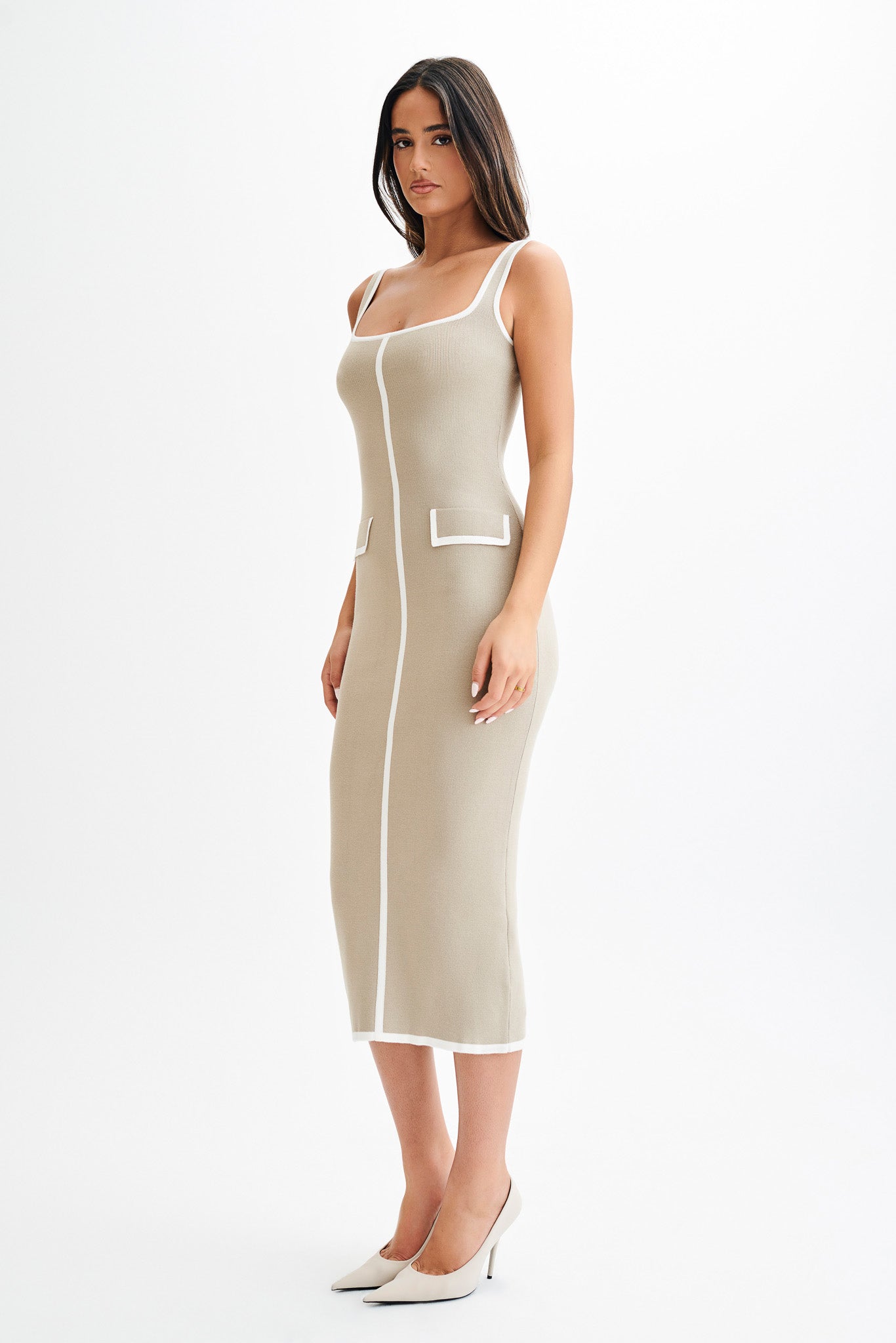 Eimear Contrast Knit Midi Dress - Taupe & Ivory-My Chic Way.All Rights Reserved