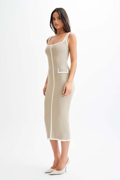 Eimear Contrast Knit Midi Dress - Taupe & Ivory-My Chic Way.All Rights Reserved
