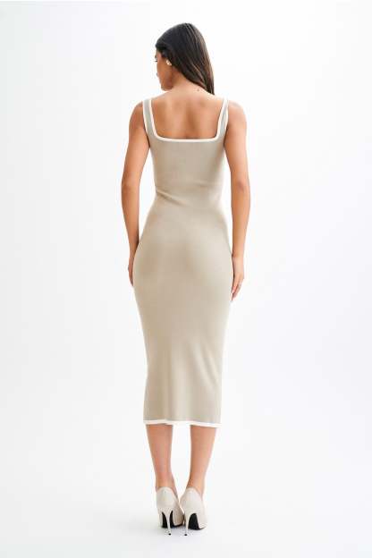 Eimear Contrast Knit Midi Dress - Taupe & Ivory-My Chic Way.All Rights Reserved