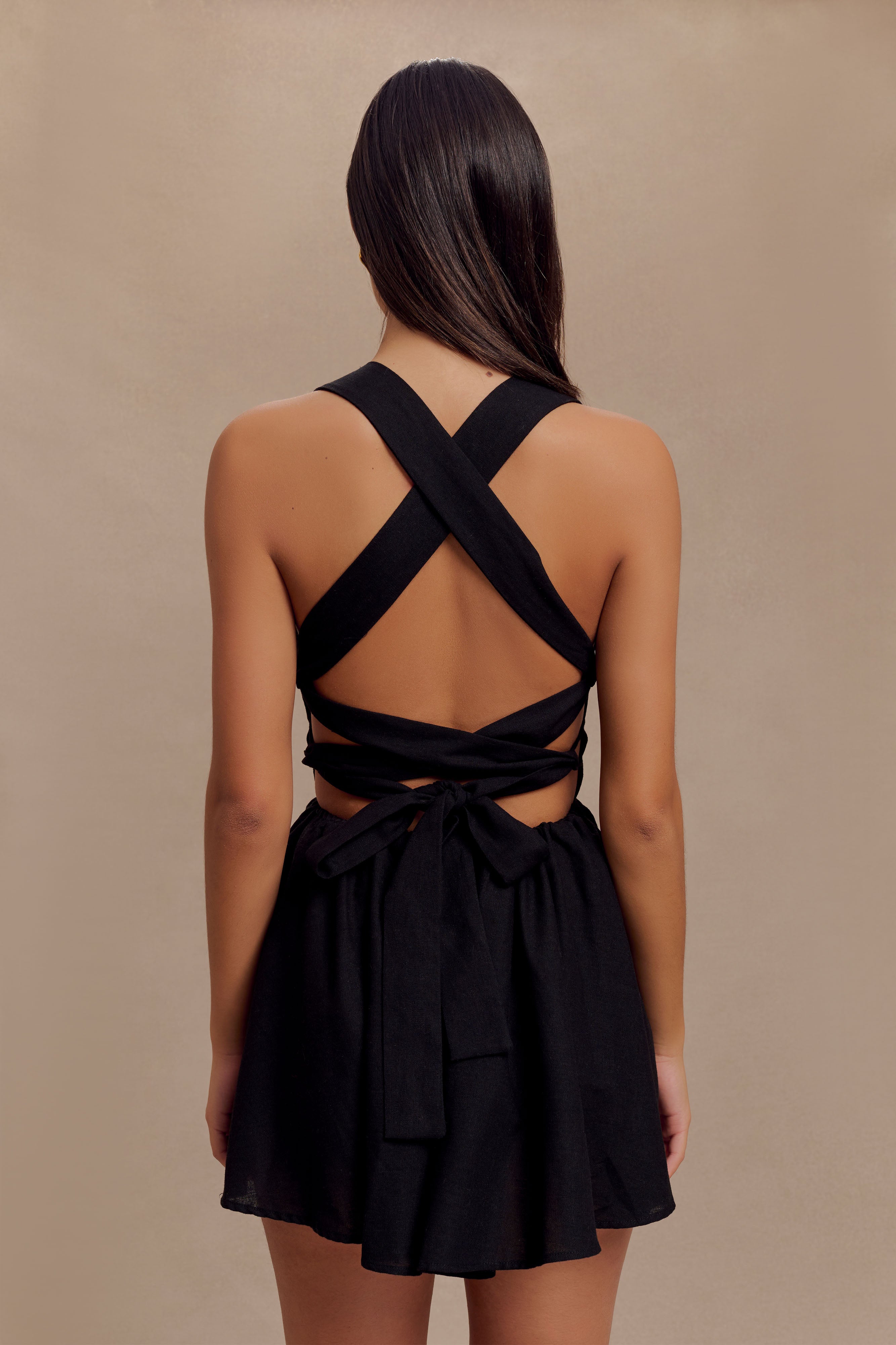 Loz Tie Back Linen Mini Dress - Black-My Chic Way.All Rights Reserved