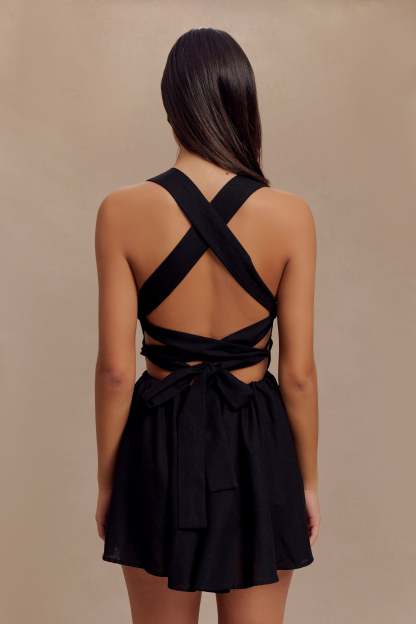 Loz Tie Back Linen Mini Dress - Black-My Chic Way.All Rights Reserved