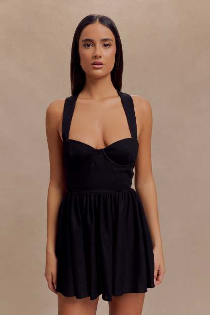 Loz Tie Back Linen Mini Dress - Black-My Chic Way.All Rights Reserved
