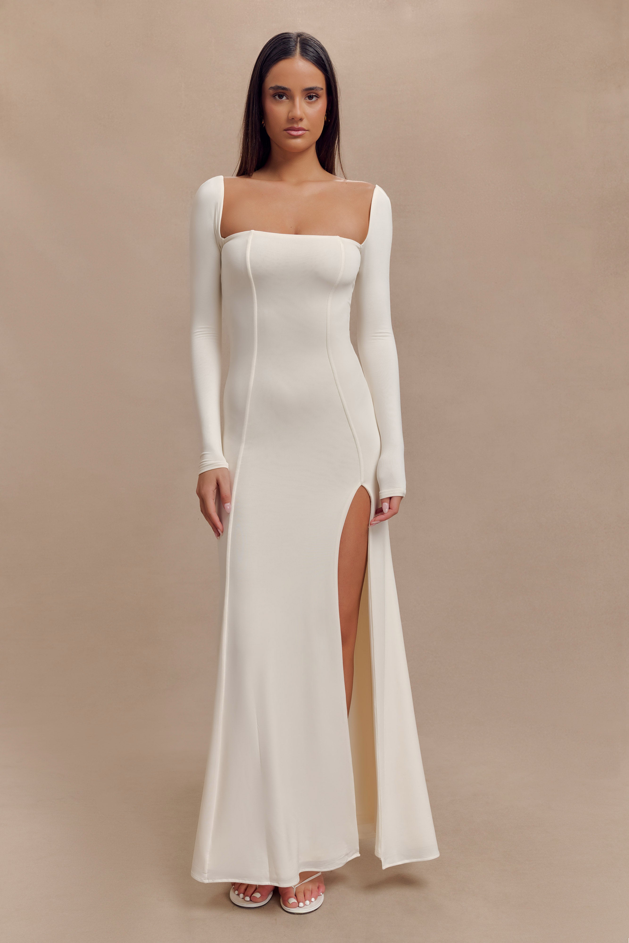 Desirie Slinky Long Sleeve Maxi Dress With Split - Ivory-My Chic Way.All Rights Reserved