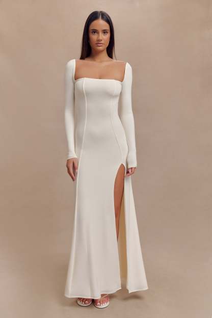Desirie Slinky Long Sleeve Maxi Dress With Split - Ivory-My Chic Way.All Rights Reserved