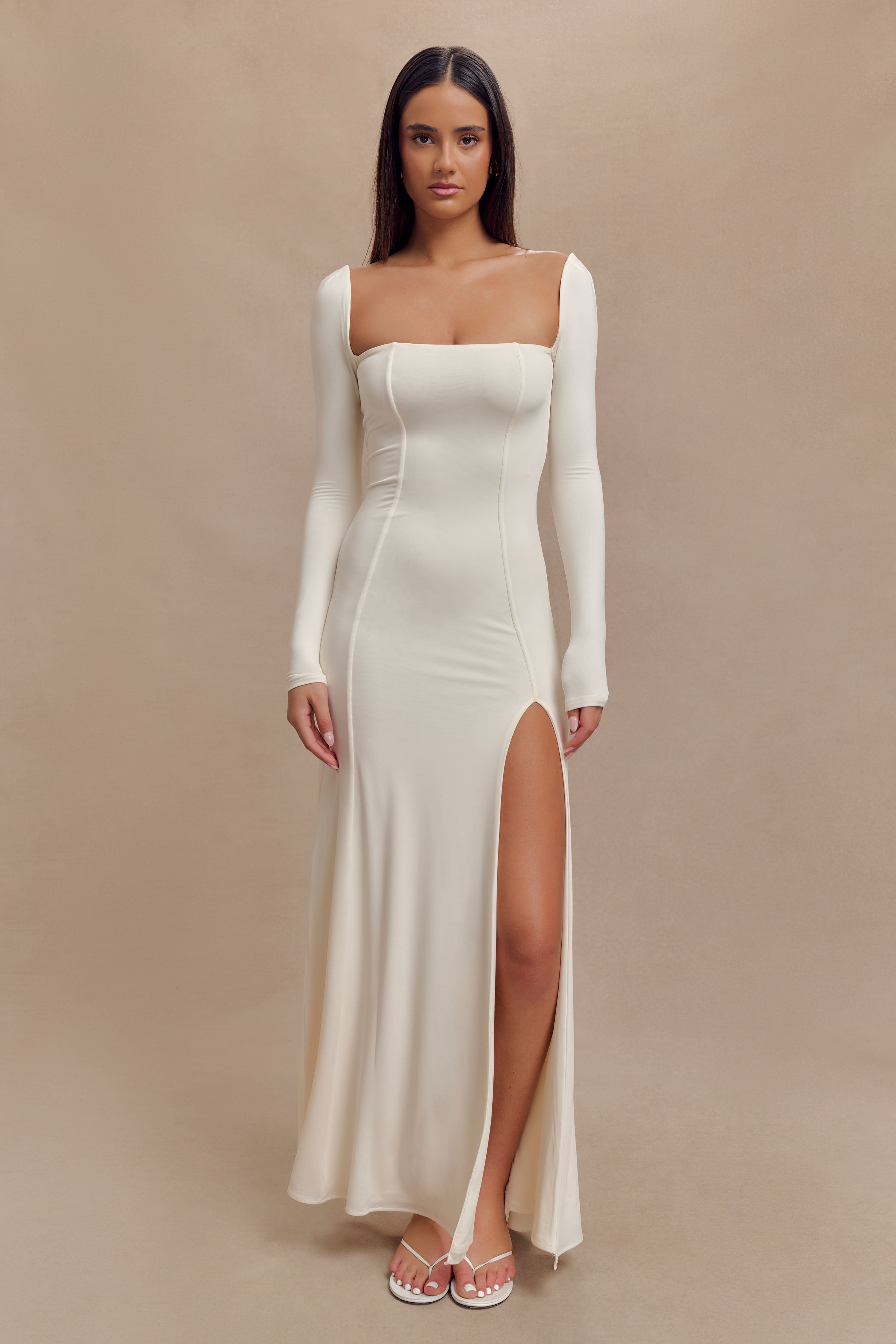 Desirie Slinky Long Sleeve Maxi Dress With Split - Ivory-My Chic Way.All Rights Reserved