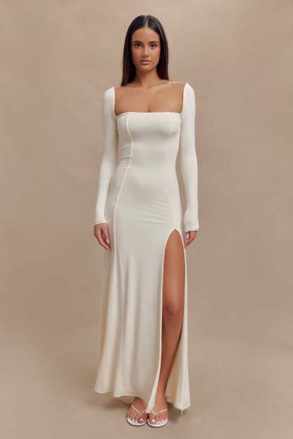Desirie Slinky Long Sleeve Maxi Dress With Split - Ivory-My Chic Way.All Rights Reserved