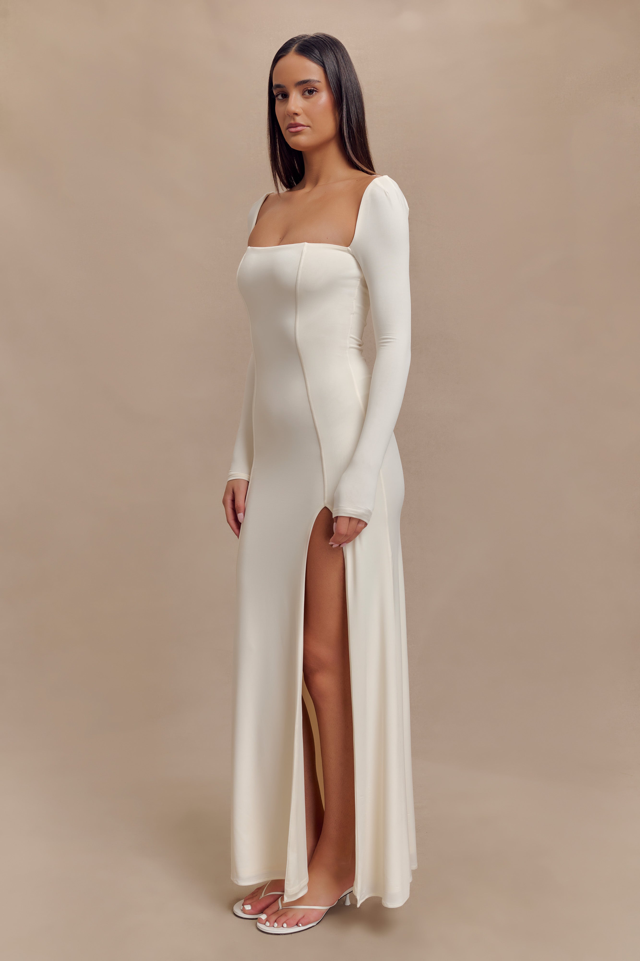 Desirie Slinky Long Sleeve Maxi Dress With Split - Ivory-My Chic Way.All Rights Reserved