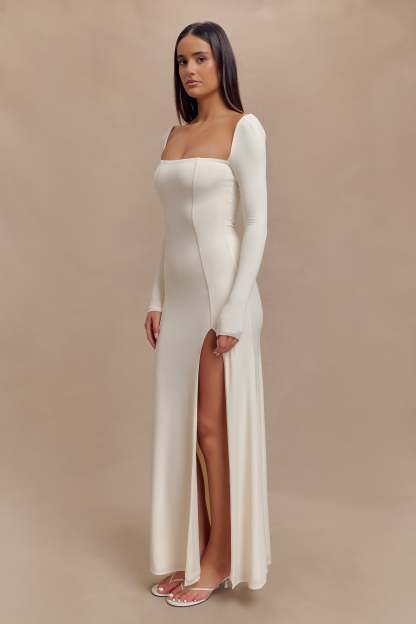 Desirie Slinky Long Sleeve Maxi Dress With Split - Ivory-My Chic Way.All Rights Reserved