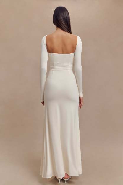 Desirie Slinky Long Sleeve Maxi Dress With Split - Ivory-My Chic Way.All Rights Reserved