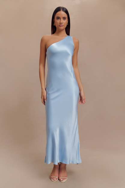 Camille One Shoulder Satin Maxi Dress - Cornflower Blue-My Chic Way.All Rights Reserved