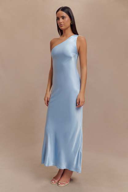 Camille One Shoulder Satin Maxi Dress - Cornflower Blue-My Chic Way.All Rights Reserved