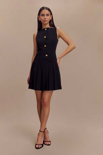 Mackenzie Sleeveless Pleated Mini Dress - Black-My Chic Way.All Rights Reserved