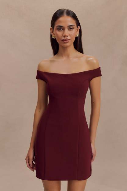 Cassidy Crepe Off Shoulder Mini Dress - Merlot-My Chic Way.All Rights Reserved