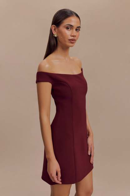 Cassidy Crepe Off Shoulder Mini Dress - Merlot-My Chic Way.All Rights Reserved