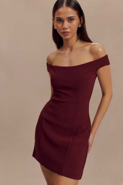Cassidy Crepe Off Shoulder Mini Dress - Merlot-My Chic Way.All Rights Reserved