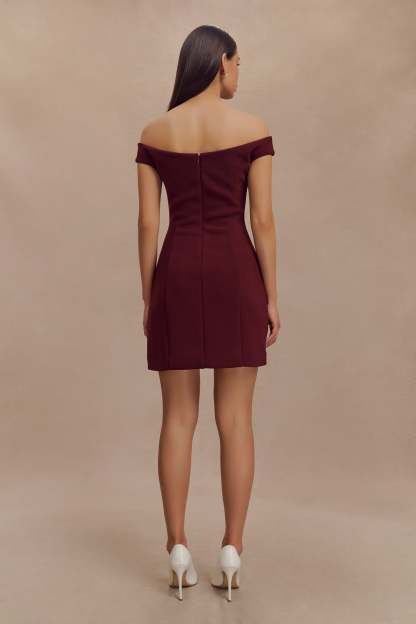Cassidy Crepe Off Shoulder Mini Dress - Merlot-My Chic Way.All Rights Reserved