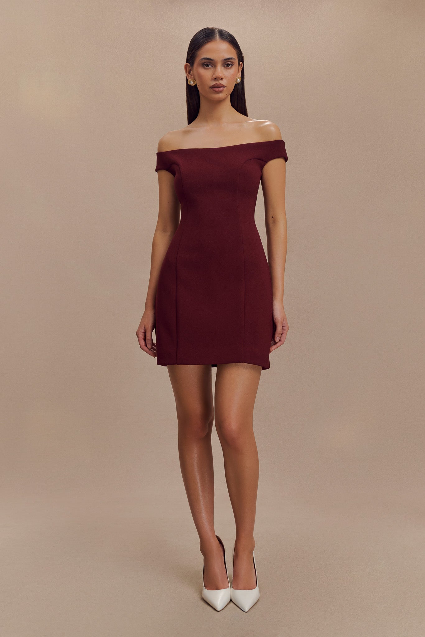 Cassidy Crepe Off Shoulder Mini Dress - Merlot-My Chic Way.All Rights Reserved