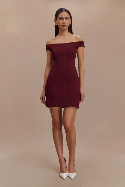 Cassidy Crepe Off Shoulder Mini Dress - Merlot-My Chic Way.All Rights Reserved