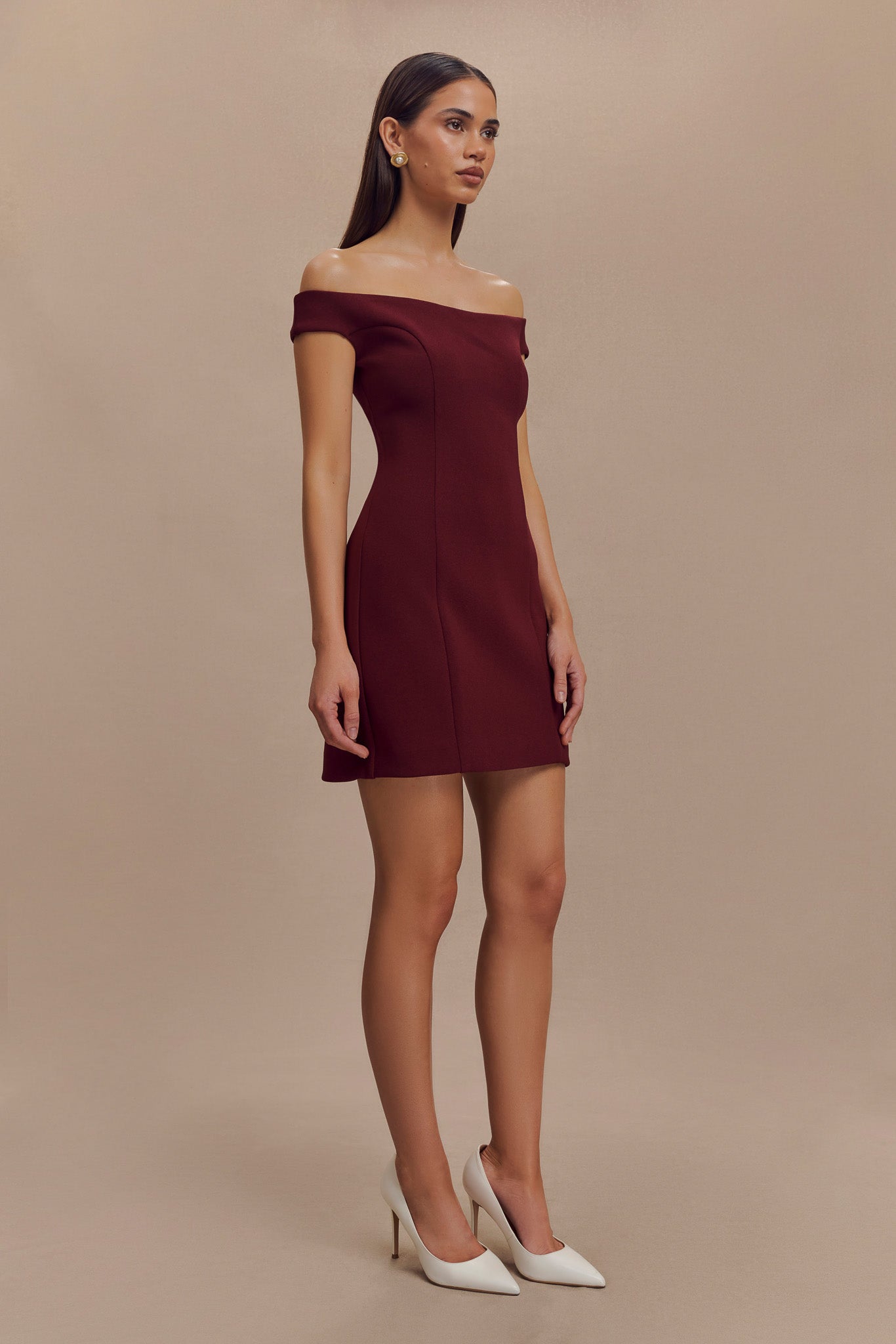 Cassidy Crepe Off Shoulder Mini Dress - Merlot-My Chic Way.All Rights Reserved