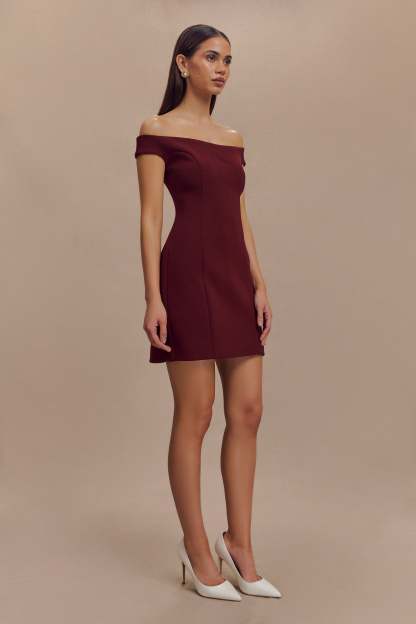 Cassidy Crepe Off Shoulder Mini Dress - Merlot-My Chic Way.All Rights Reserved