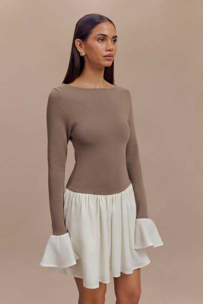 Sansa Knit And Linen Mini Dress - Smoke & Ivory-My Chic Way.All Rights Reserved