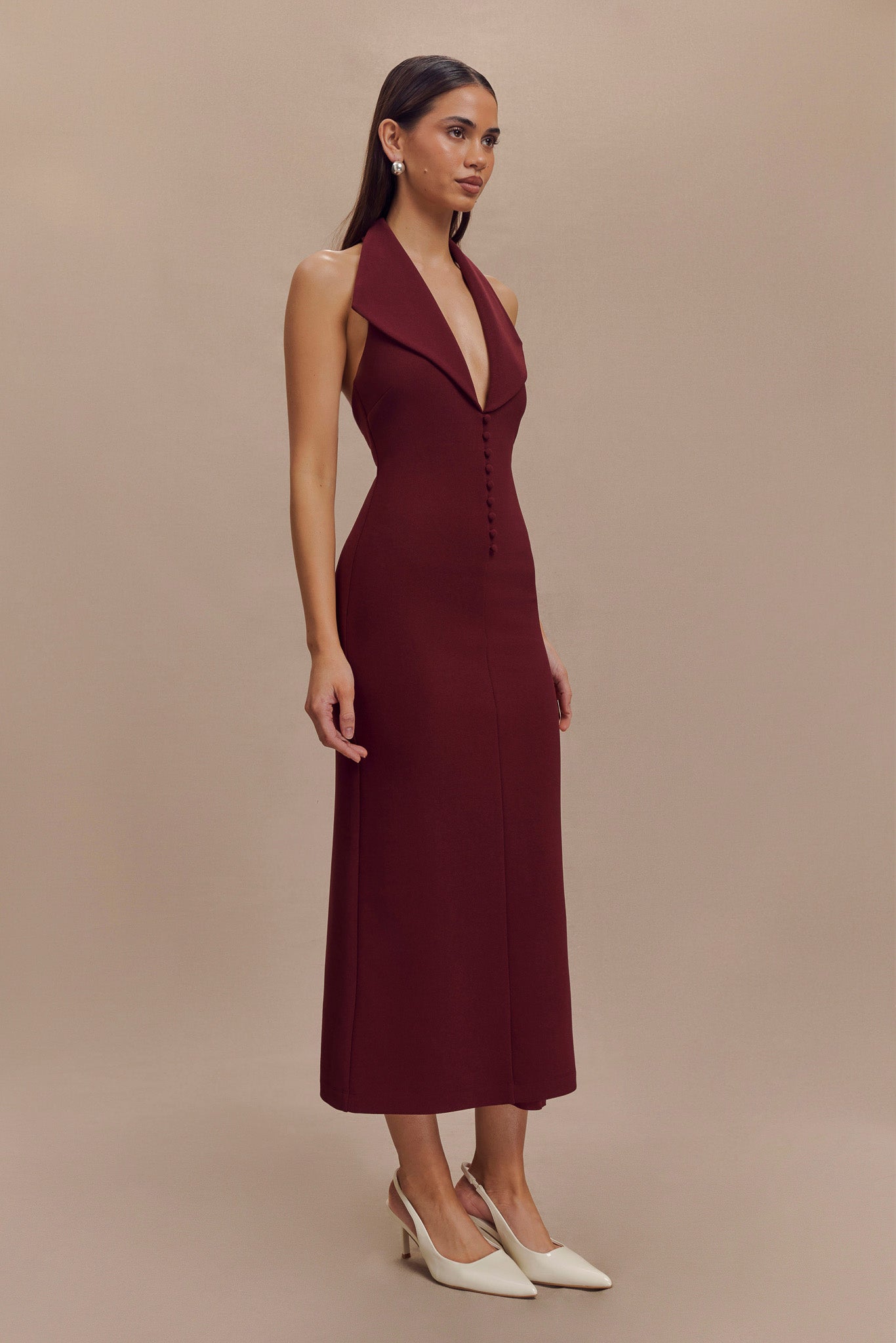 Annita Crepe Halter Midi Dress - Merlot-My Chic Way.All Rights Reserved