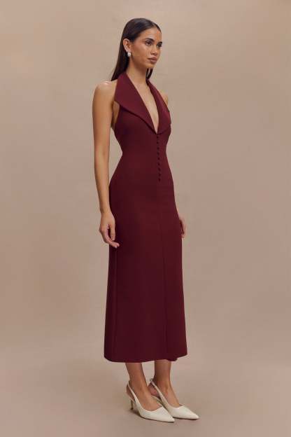 Annita Crepe Halter Midi Dress - Merlot-My Chic Way.All Rights Reserved