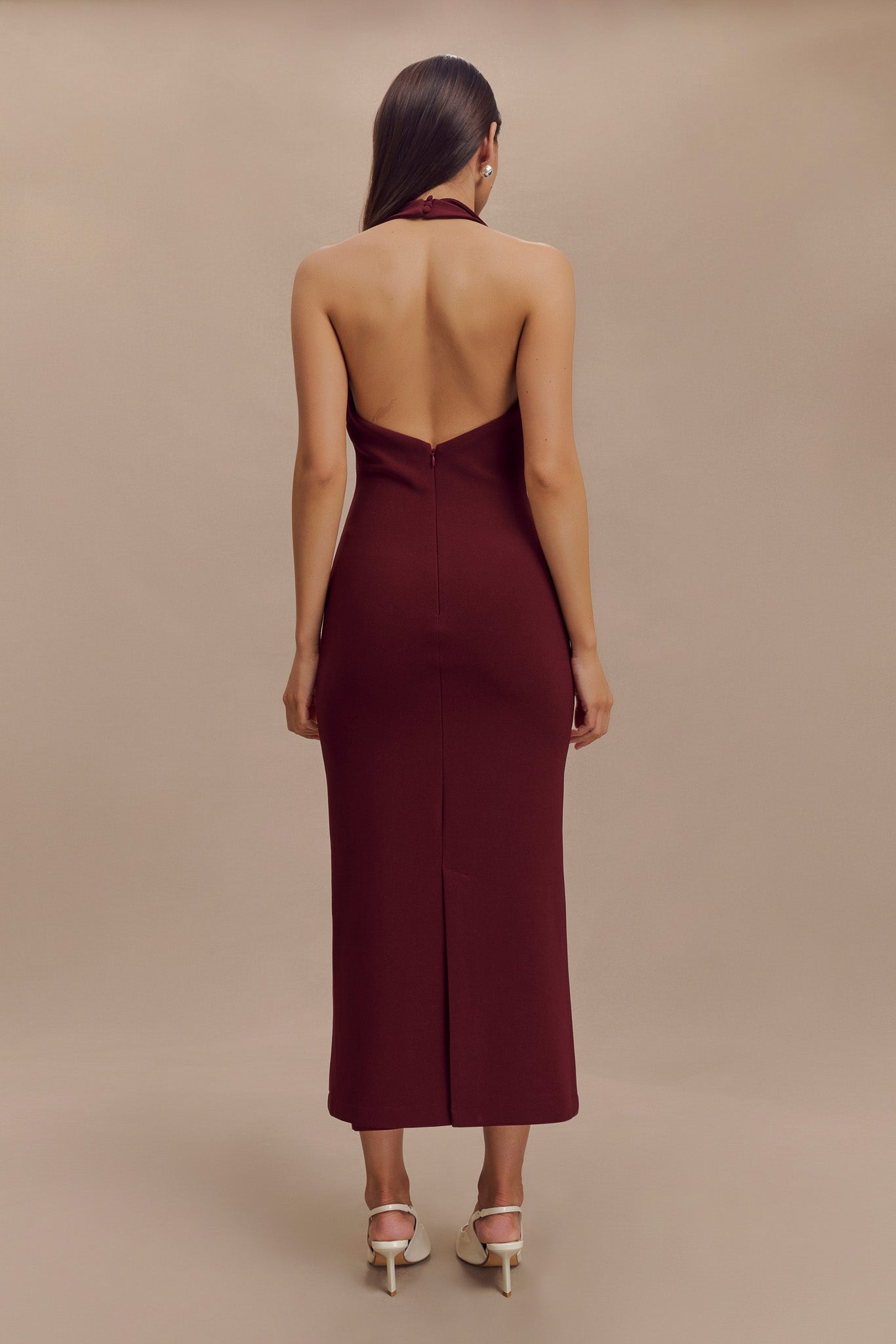 Annita Crepe Halter Midi Dress - Merlot-My Chic Way.All Rights Reserved
