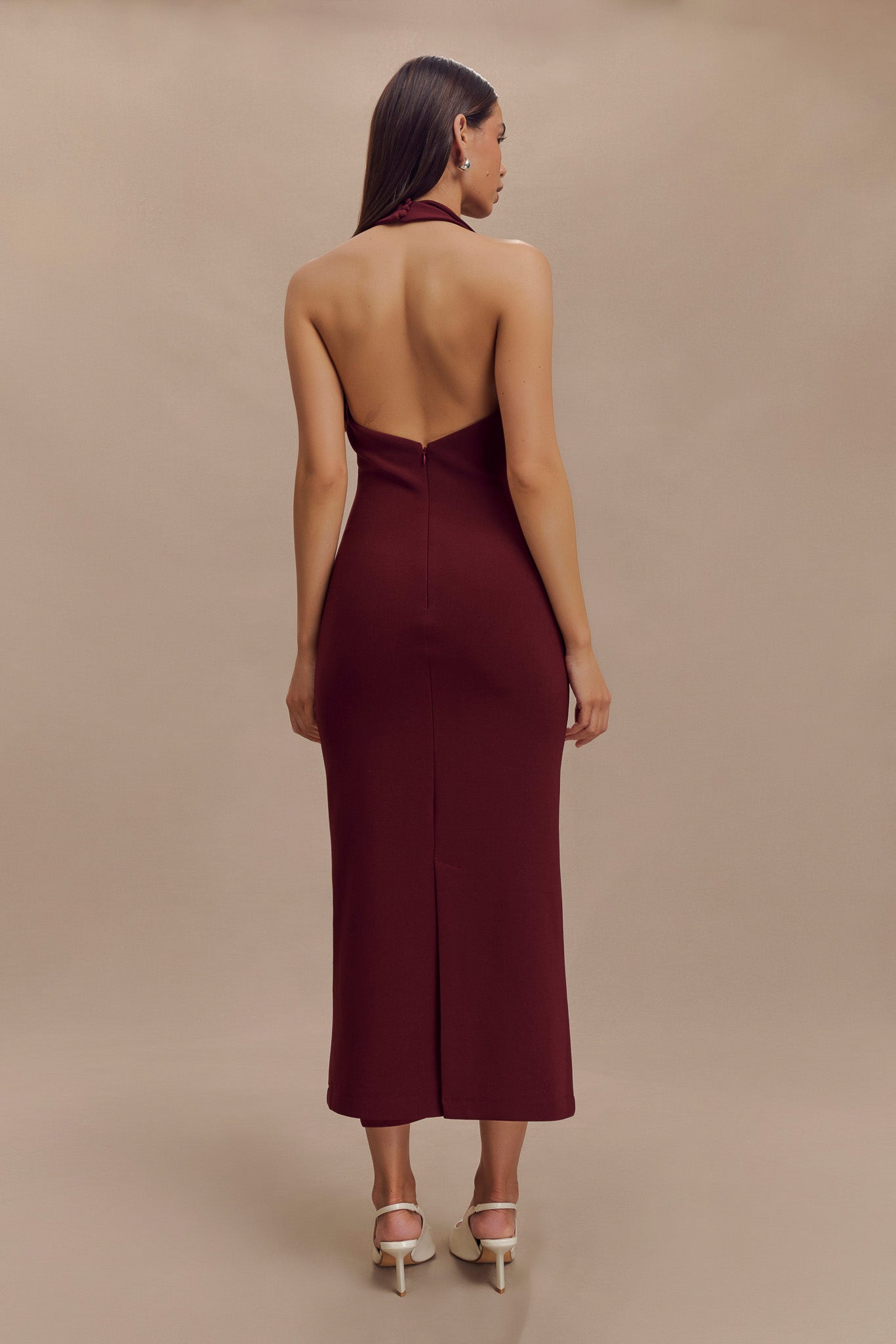 Annita Crepe Halter Midi Dress - Merlot-My Chic Way.All Rights Reserved