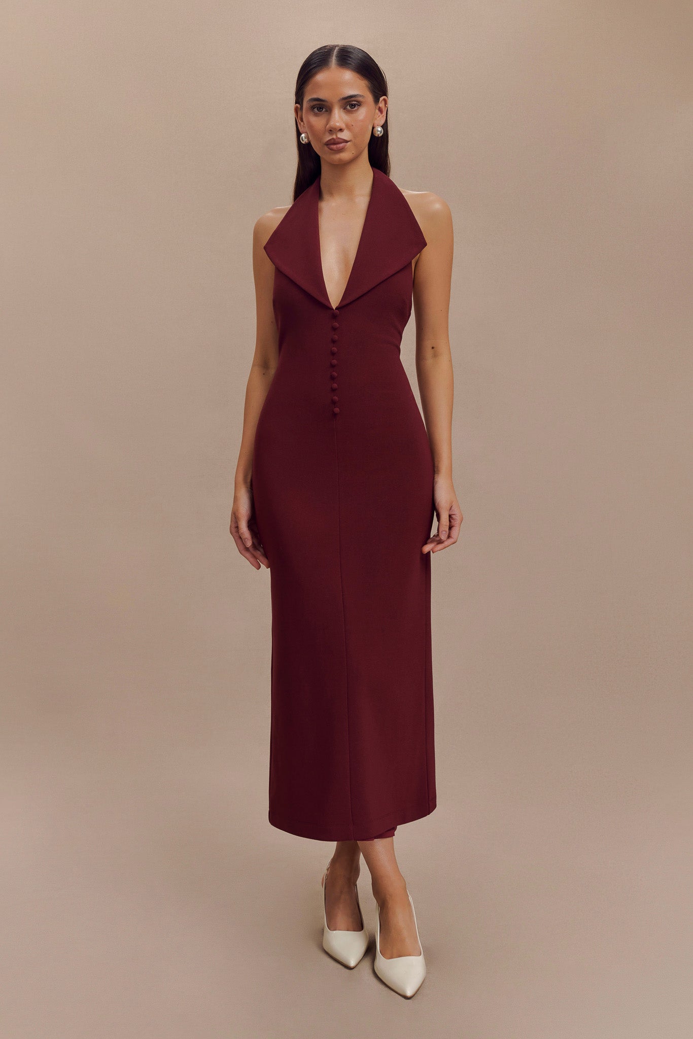 Annita Crepe Halter Midi Dress - Merlot-My Chic Way.All Rights Reserved