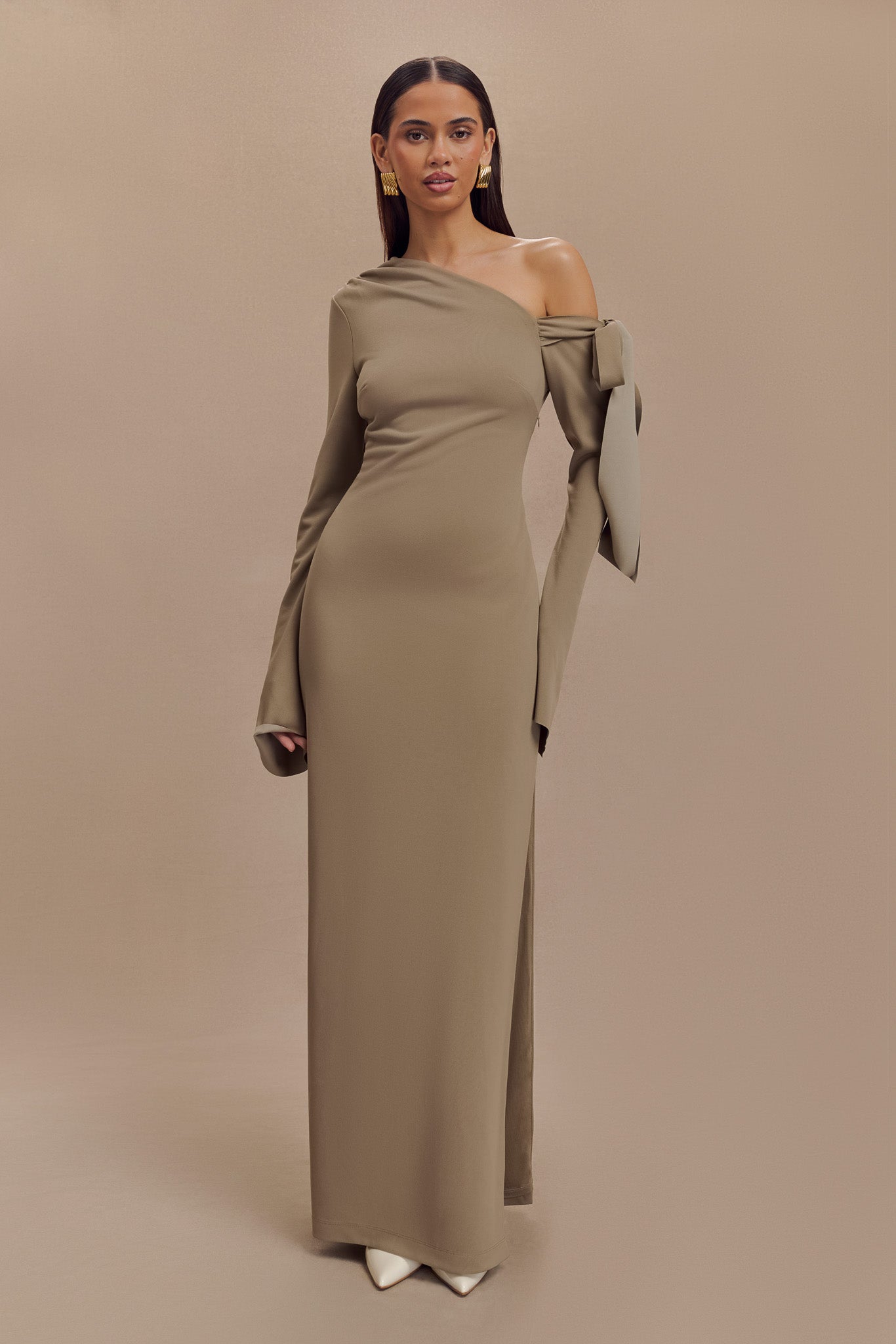 Nicola One Shoulder Crepe Maxi Dress - Mushroom-My Chic Way.All Rights Reserved