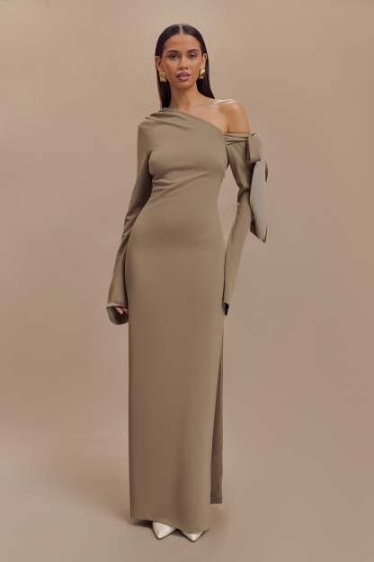 Nicola One Shoulder Crepe Maxi Dress - Mushroom-My Chic Way.All Rights Reserved