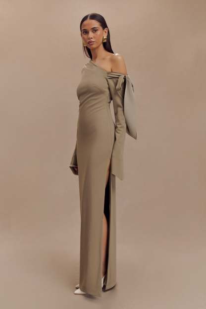 Nicola One Shoulder Crepe Maxi Dress - Mushroom-My Chic Way.All Rights Reserved