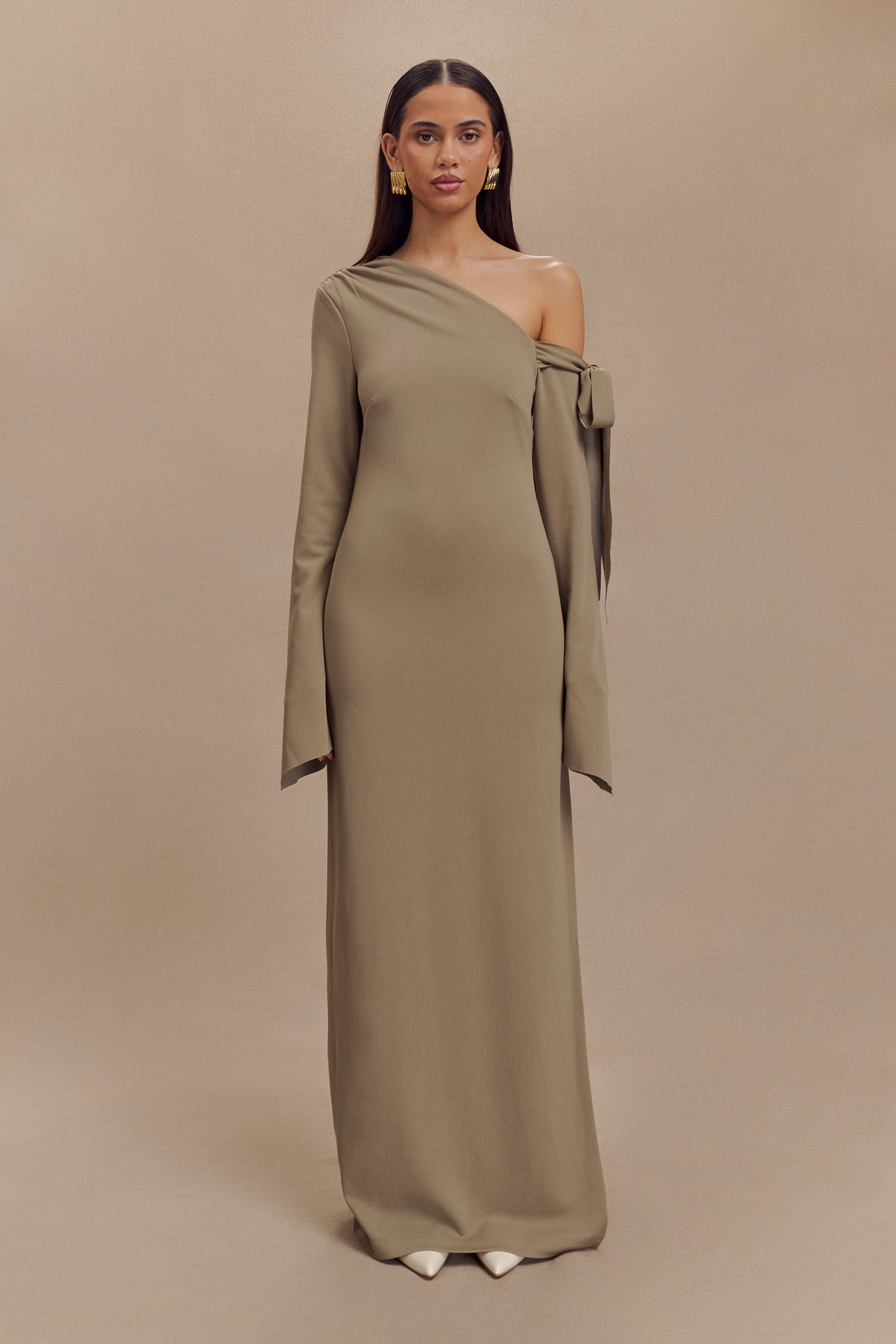 Nicola One Shoulder Crepe Maxi Dress - Mushroom-My Chic Way.All Rights Reserved