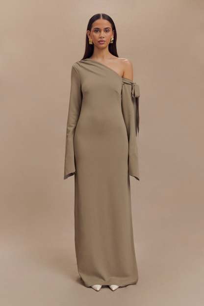 Nicola One Shoulder Crepe Maxi Dress - Mushroom-My Chic Way.All Rights Reserved
