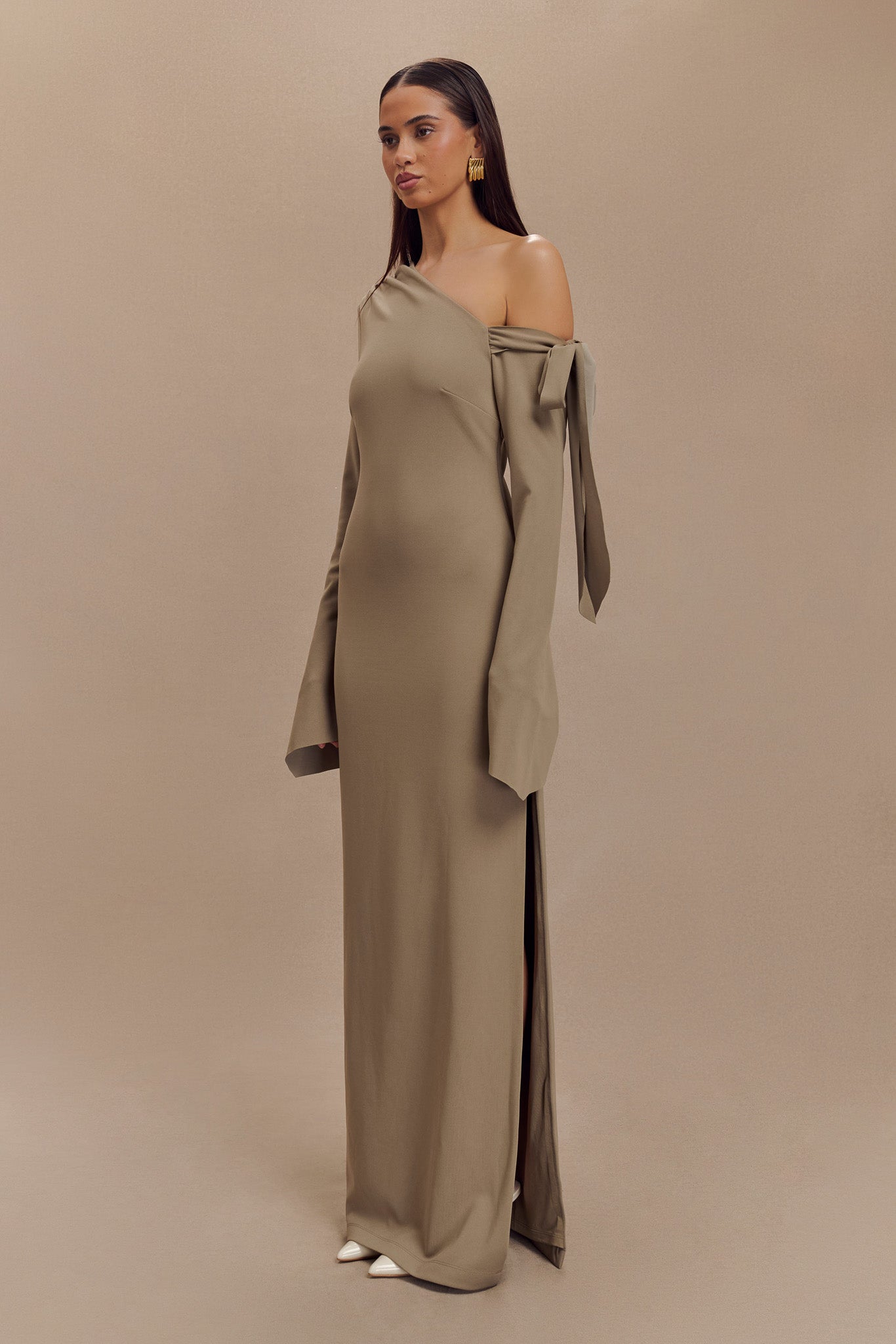 Nicola One Shoulder Crepe Maxi Dress - Mushroom-My Chic Way.All Rights Reserved