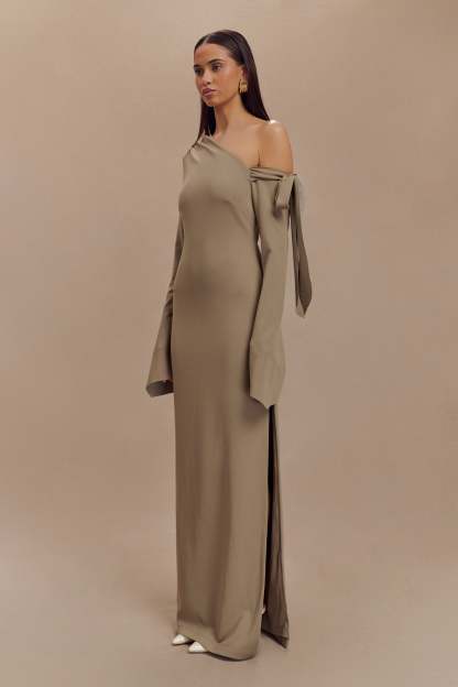 Nicola One Shoulder Crepe Maxi Dress - Mushroom-My Chic Way.All Rights Reserved