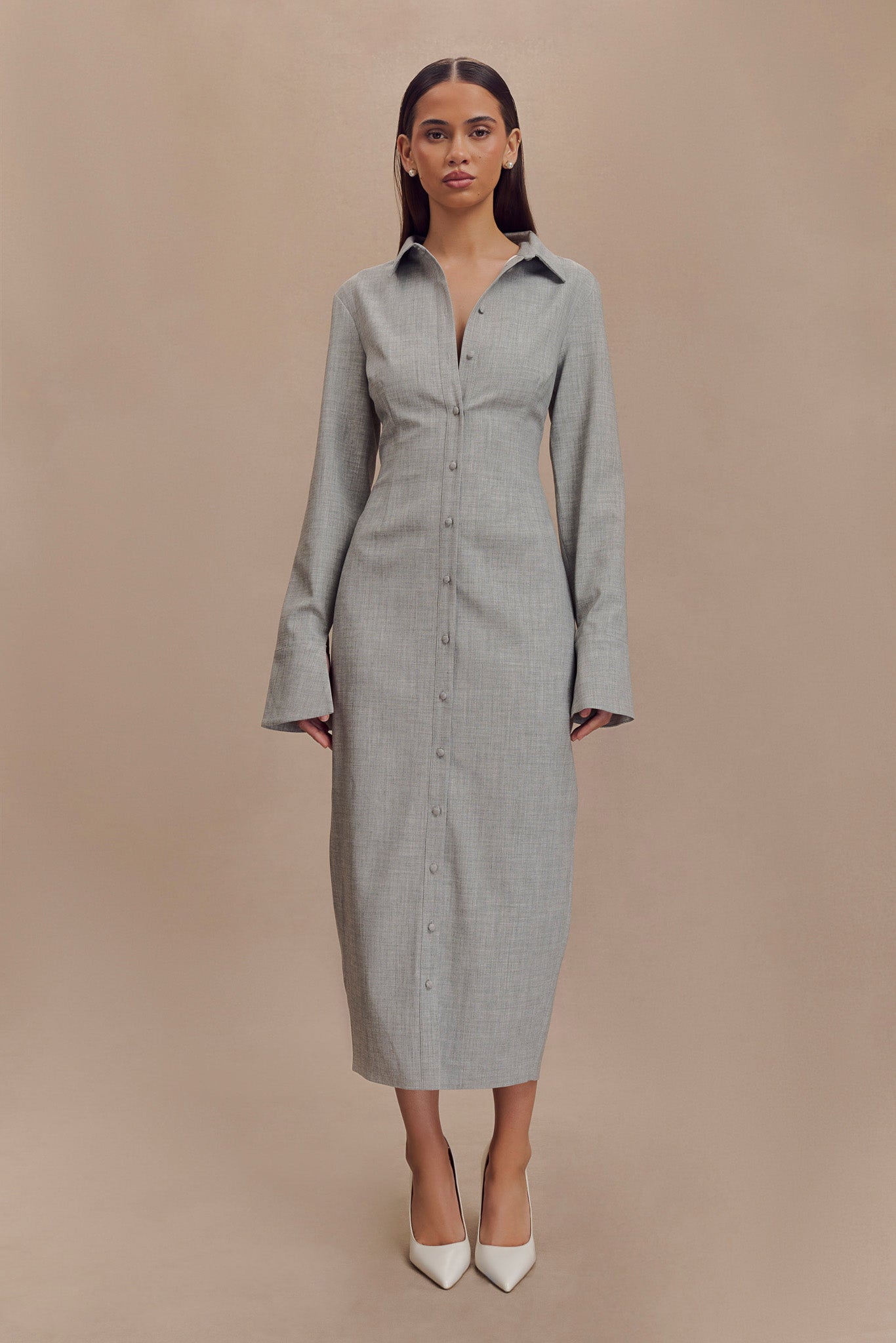 Dorian Fitted Shirt Midi Dress - Charcoal Marle-My Chic Way.All Rights Reserved